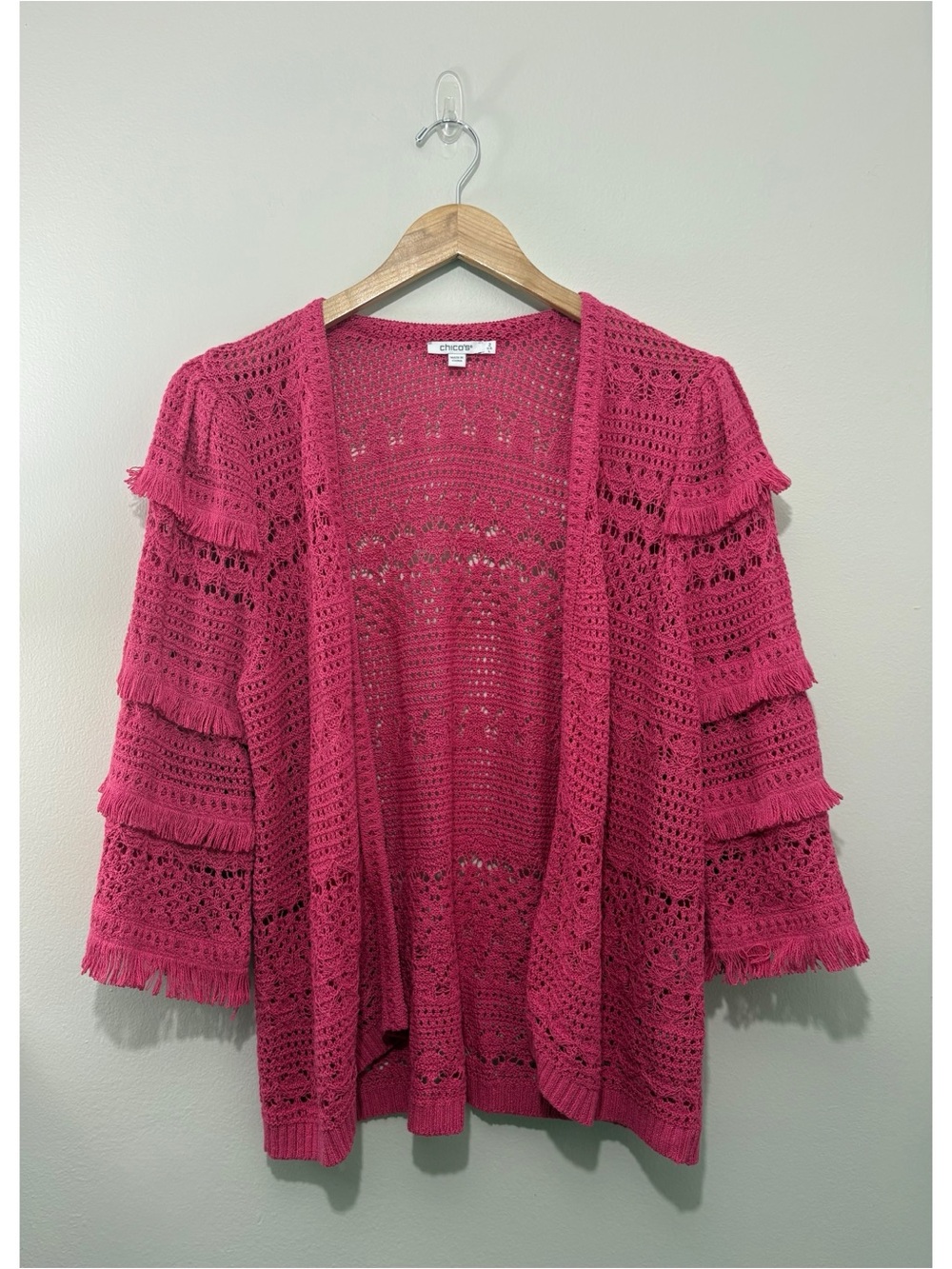 Chico’s hot pink perforated knit fringe-tiered 3/4 sleeve cardigan sweater (2/L)